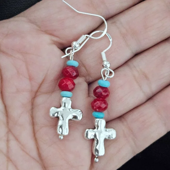 Western Style Boho Cross Glass Bead Dangle Earrings - Picture 2 of 2